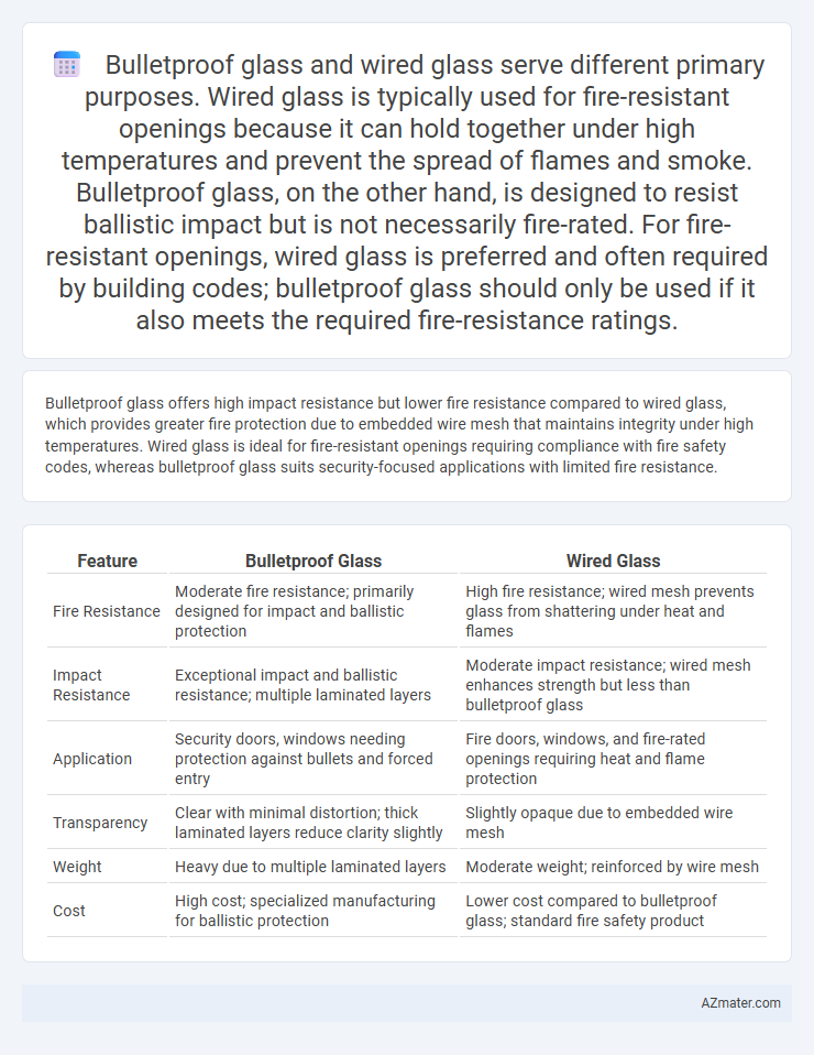 Bulletproof glass and wired glass serve different primary purposes. Wired glass is typically used for fire-resistant openings because it can hold toge